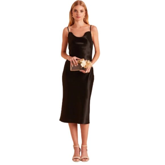 Birdy Grey Lisa Shiny Satin Midi Slip Dress‎ Black Size S - Picture 1 of 9